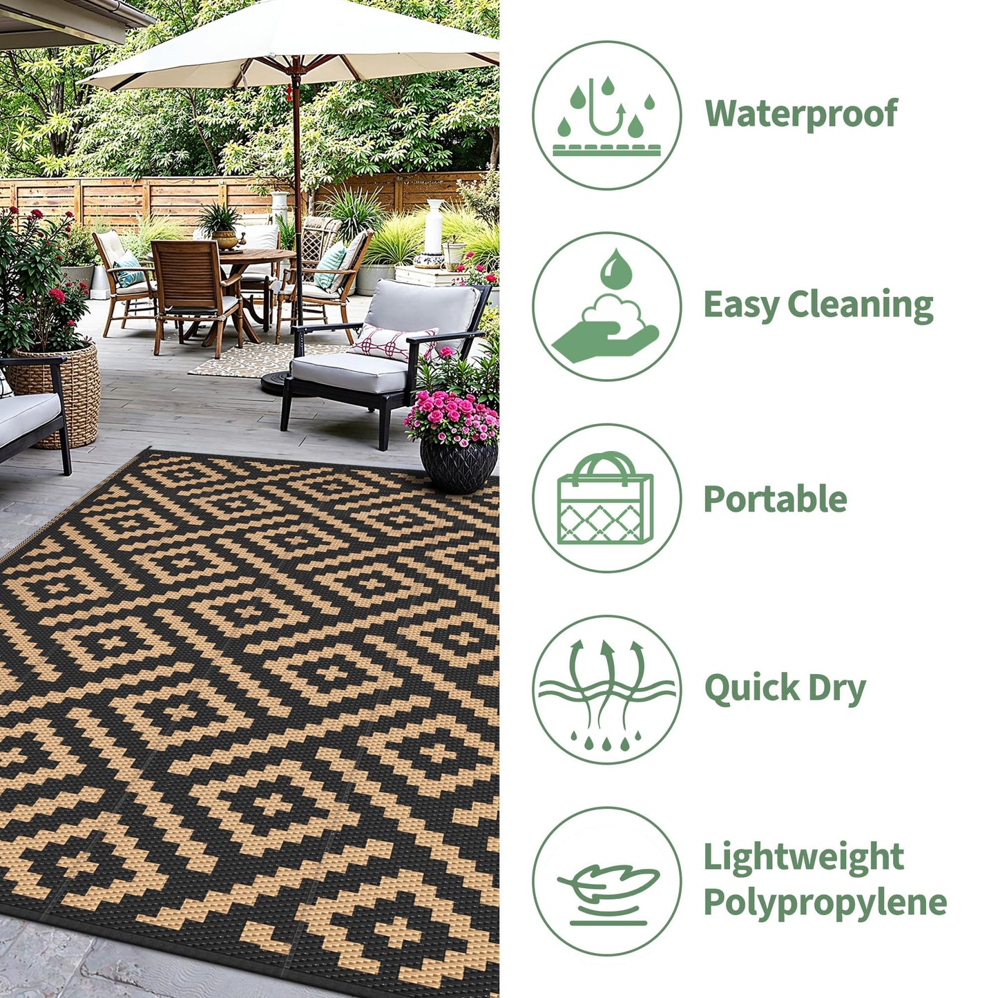sarben Outdoor Rug for Patio - Waterproof Plastic Straw Camping Rugs 8x16 ft, Reversible Outdoor Indoor RV Mat Carpet for Patio, Porch, Deck, Balcony, Picnic, Beach, Black Brown