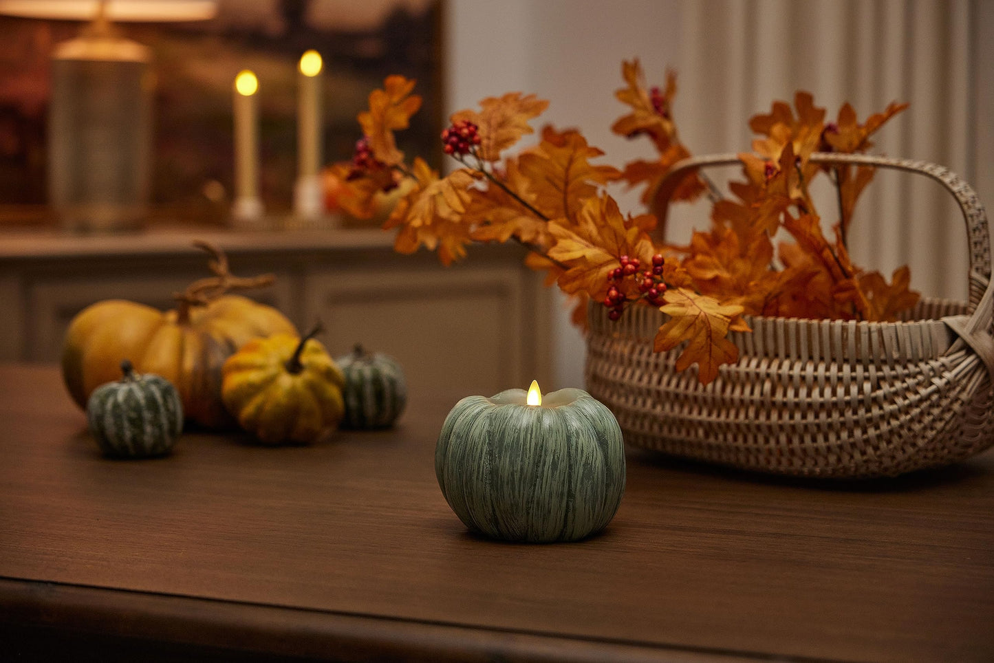 Luminara Pumpkin Figural Flameless Flickering Moving Flame LED Candle (5.25" x 4.5"), Smooth Real Unscented Wax, Time Function (Iceberg Green)