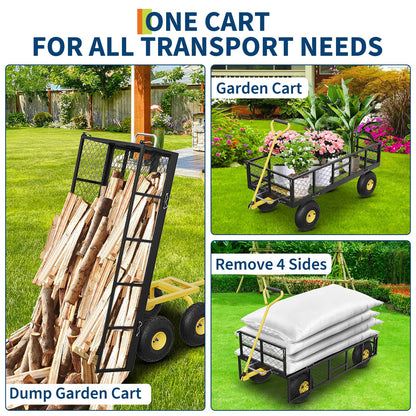 Garvee 900 lbs Steel Garden Dump Cart with Removable Sides, Convert to Flatbed, Heavy Duty Yard Cart with 180°Rotating Handle & 10" All Terrain Wheels, Utility Dump Wagon for Lawn Farm Backyard