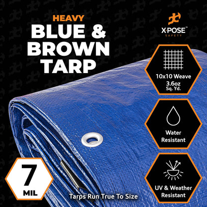 Xpose Safety 30’ x 50’ Heavy Blue/Brown Tarp - Waterproof - 7 Mil Weatherproof Camping Tarp for Tent, Rain, Wind & Sun - Plastic Tarpaulin Cover Outdoor for Roof, Trailer, RV, Car, Boat
