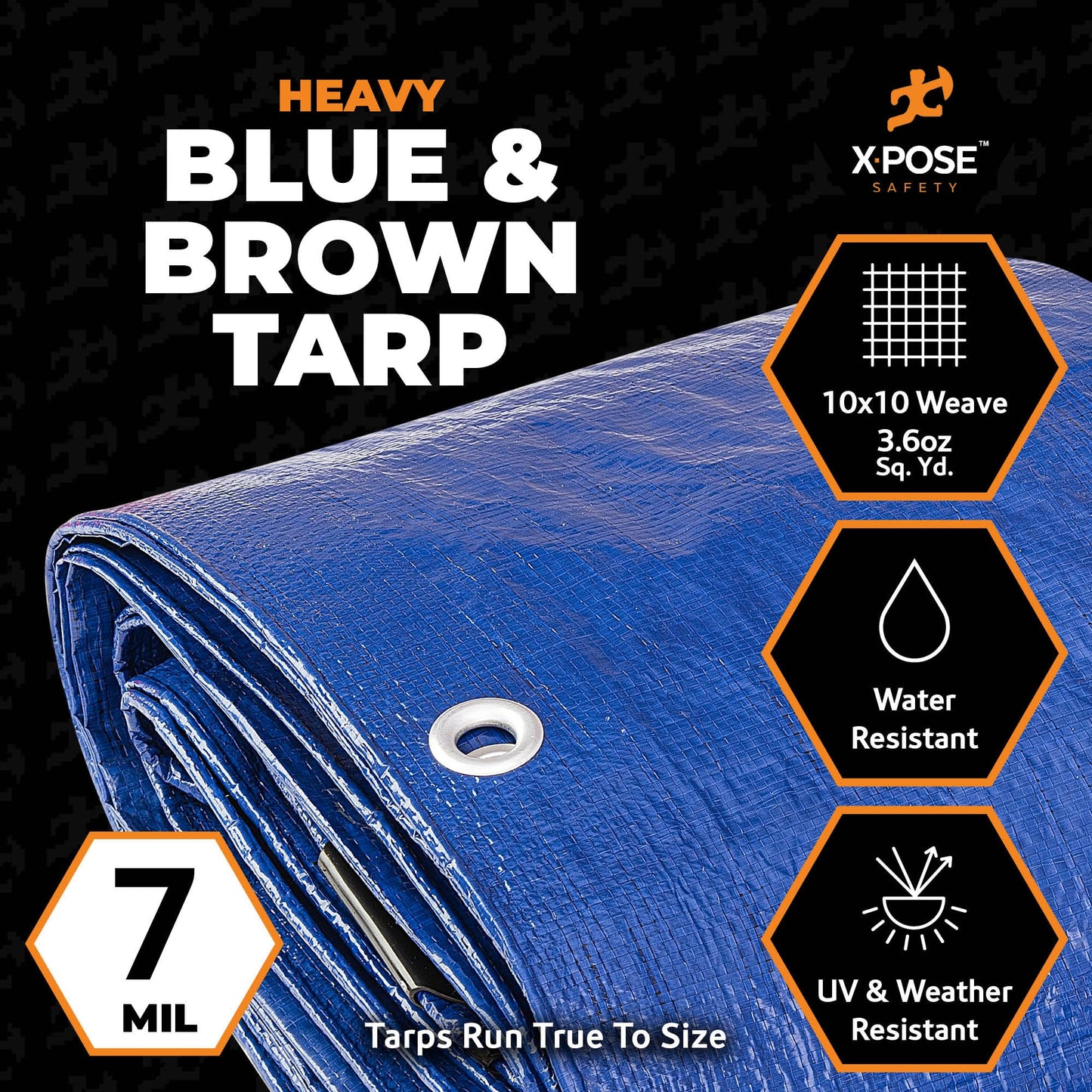 Xpose Safety 30’ x 50’ Heavy Blue/Brown Tarp - Waterproof - 7 Mil Weatherproof Camping Tarp for Tent, Rain, Wind & Sun - Plastic Tarpaulin Cover Outdoor for Roof, Trailer, RV, Car, Boat
