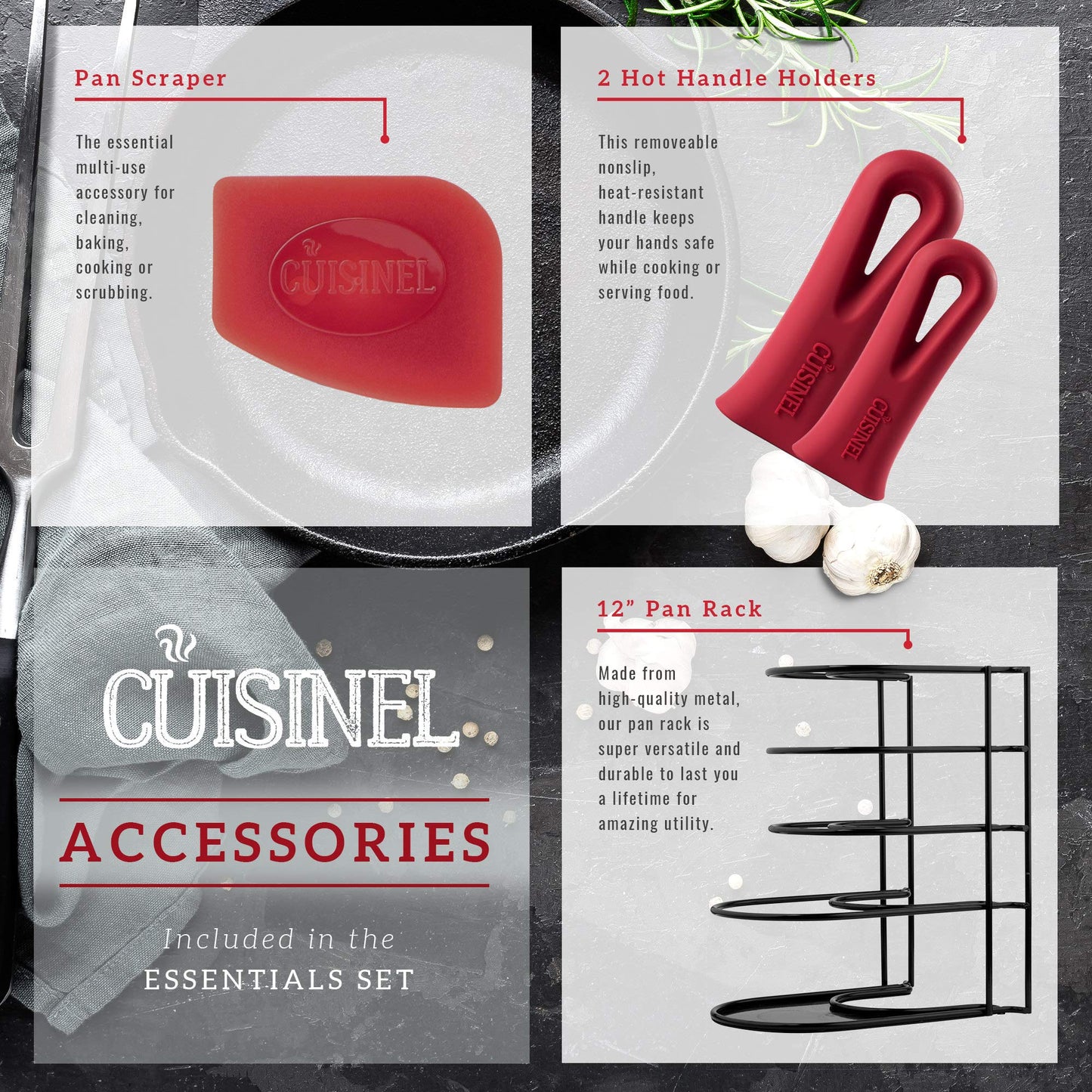 Cuisinel Cast Iron Cookware Set + Accessories - Skillets with Glass Lids + Pizza Pan + Pan Organizer Rack + Cleaning Scrub Brush