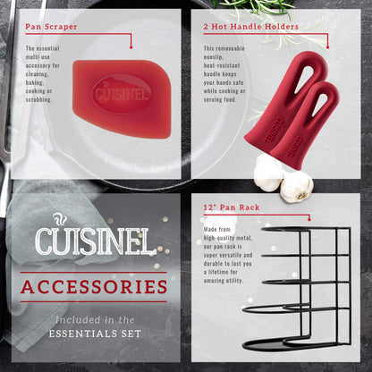 Cuisinel Cast Iron Cookware Set + Accessories - Skillets with Glass Lids + Pizza Pan + Pan Organizer Rack + Cleaning Scrub Brush