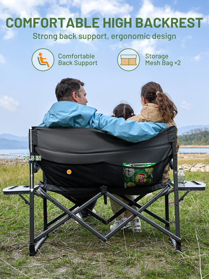 Timber Ridge Double Camping Chair Portable Loveseat, Heavy Duty Folding Camp Couch 2 Person Director Chairs with Cup Holder for Outdoor Lawn Tailgates Picnic Sports Soccer Games Supports 600 lbs Grey