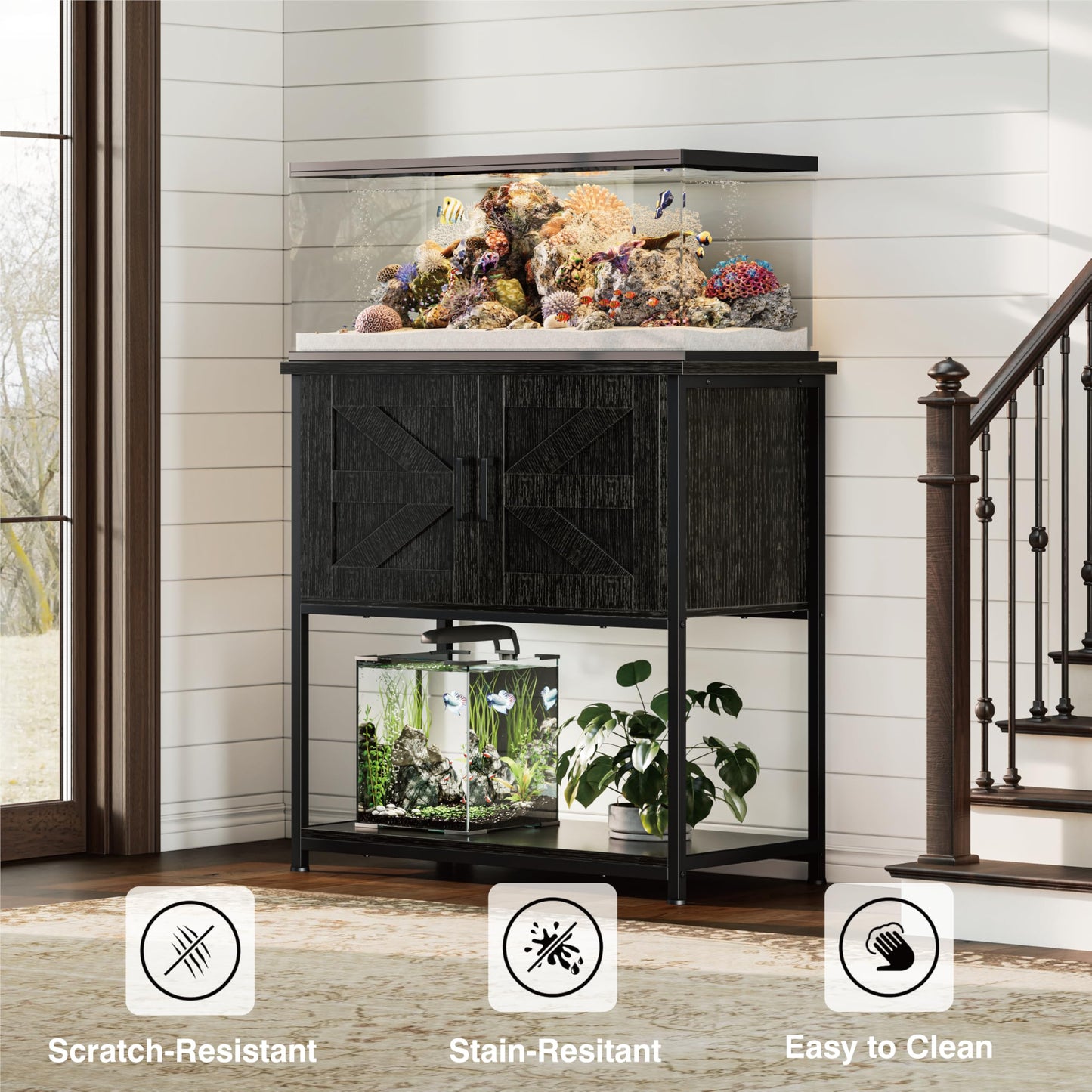 Hylemoros 20/29/30 Gallon Fish Tank Stand with Storage Cabinet Farmhouse Wood Aquarium Stand for Fish Reptile Heavy Duty Terrarium Stand for Living Room Entry Way Hallway Black