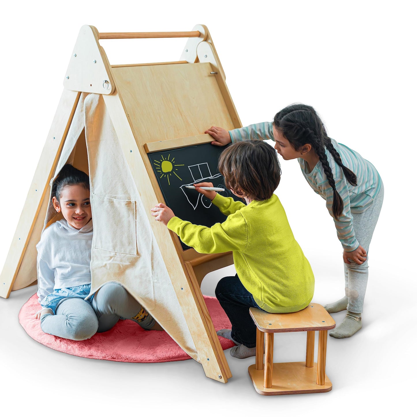 Avenlur Oak Foldable Triangle Climber 5 in 1 Kids Playhouse Hideaway Montessori Learning Play Tent, Desk, Chair Stool, Art Easel, Chalkboard, Teepee Climbing, Crawling Tunnel Toy Toddler Playset