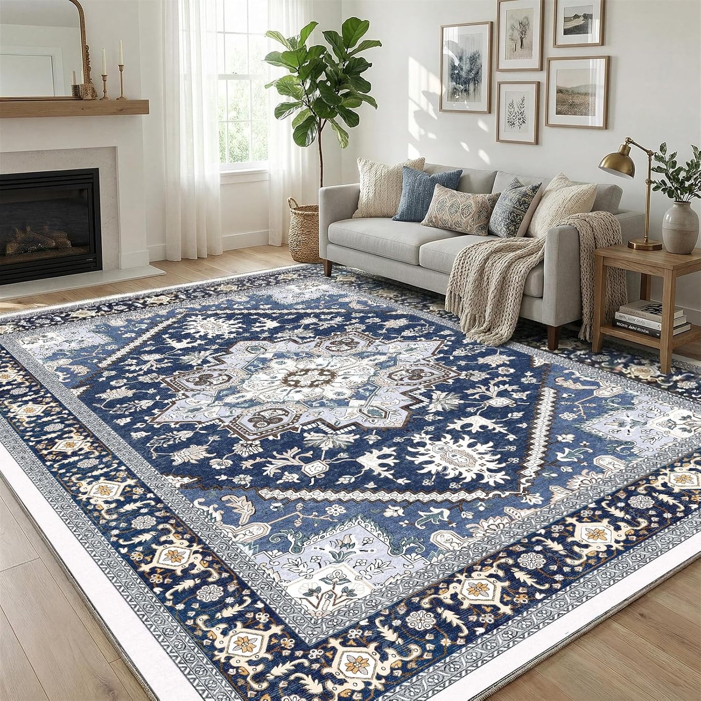 OPPODREAM Soft Area Rug - 5x7 Washable Faux Cashmere Carpet with Non-Slip Backing | Navy Blue & Gold