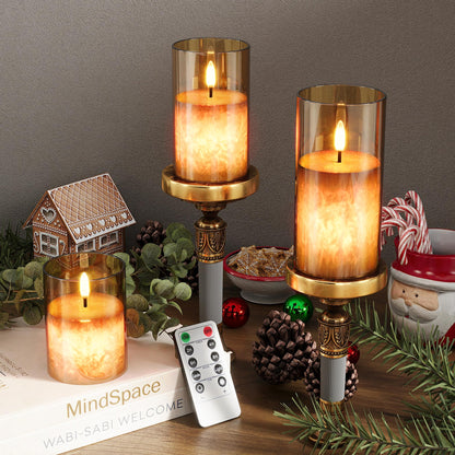VIODAIM Ice Crystal Real Wax Glass Flameless Candles with Remote & Timer, Battery Operated Candles with Warm Flickering Flame, Realistic LED Candle for Wedding Home Decor [D3×H4/5"/6"] Gold, 3Pack