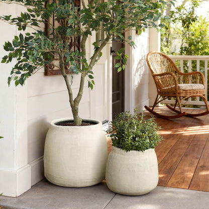 LuxenHome 12" Dia Cement Round Plant Pot, Beige Large Flower Pot with Drainage Hole, Rustic Decorative Planter Pots Indoor Outdoor for Home Garden Patio