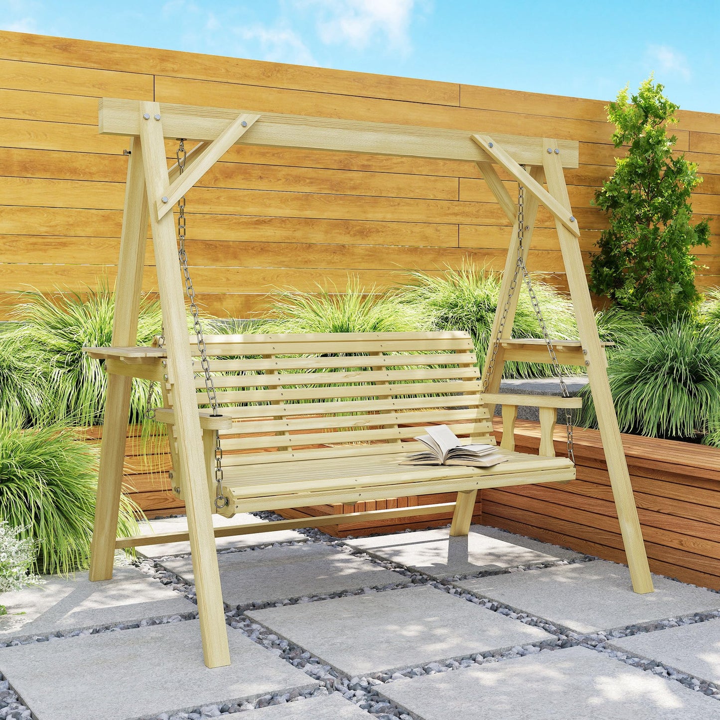 Outsunny 3 Seat Porch Swing with Stand, Wooden Patio Swing Chair with Side Tables and Metal Chains, Outdoor Swing Bench for Garden, Poolside, Backyard, Natural Wood