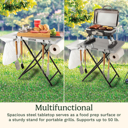 Cuisinart Fold ‘n Go Prep Table, Portable Folding Table and Grill Stand with Tool hooks, Trash Bag Holder, Paper Towel Rack, 24” x 20” Steel Food Prep Station Perfect for BBQs, Tailgates and Camping