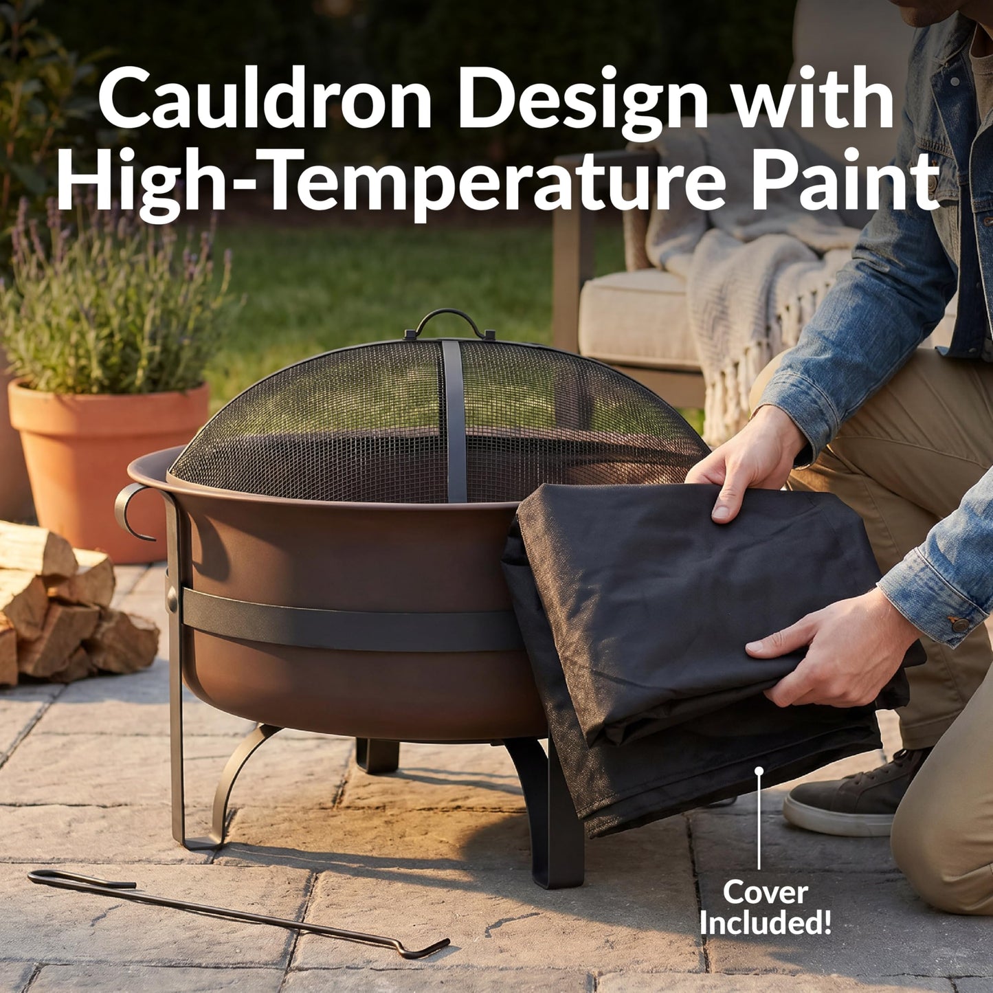 Sunnydaze Cauldron Wood-Burning Outdoor Fire Pit for Patio and Backyard - Round Steel Outside Firepit Bowl with Cover, Removable Ash Pan, Spark Screen, and Poker Tool - Dark Bronze - 29"