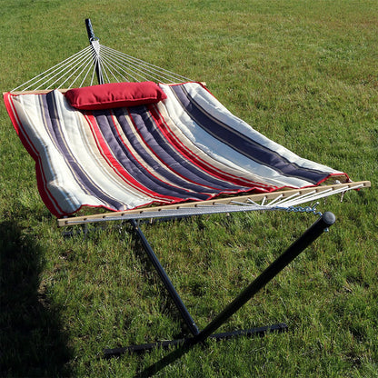 Sunnydaze Rope Hammock with Stand for Outside - Heavy Duty Freestanding Portable Outdoor Hammock Set with Quilted Pad, Pillow, and 12-Foot Steel Frame - 275 lb Capacity - Modern Lines