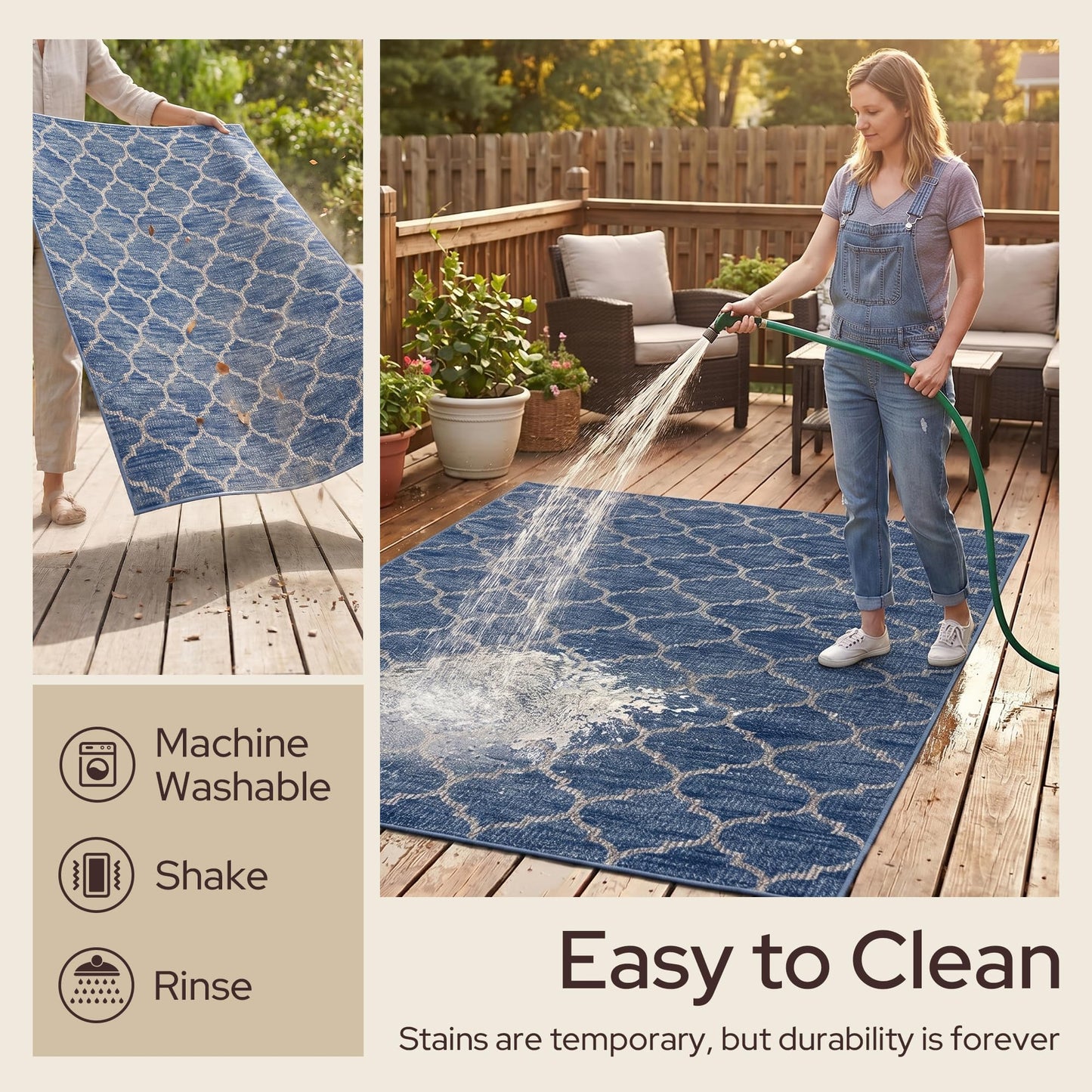 GENIMO Indoor Outdoor Area Rug 6X9, Non-Shedding, Machine Washable Mat for Patio, Balcony, Deck, Blue White