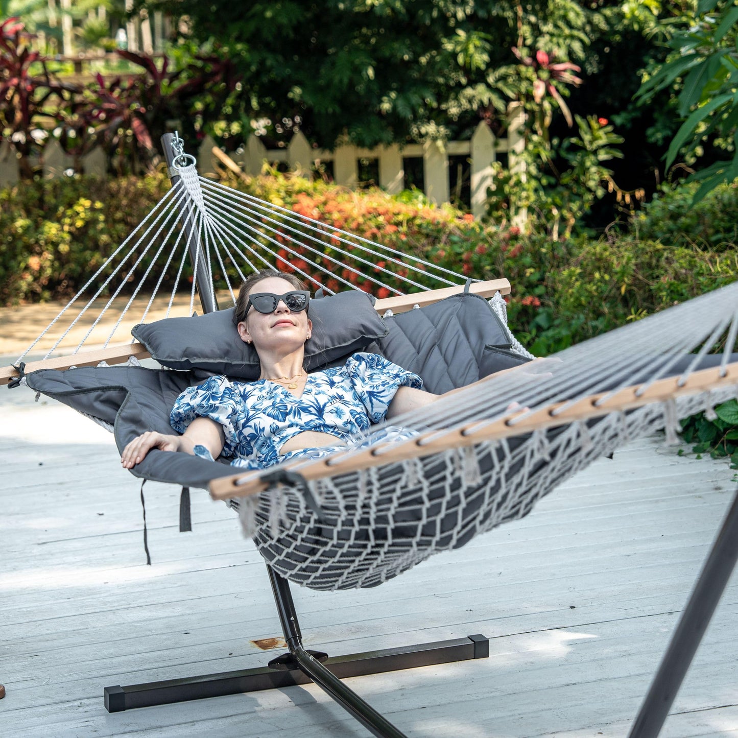 Lazy Daze Hammocks 2 Person Portable Hammock with 12FT Stand, Double Hand Woven Cotton Rope Hammock with Detachable Quilted Pad & Pillow for Outside, 450lb Capacity, Grey
