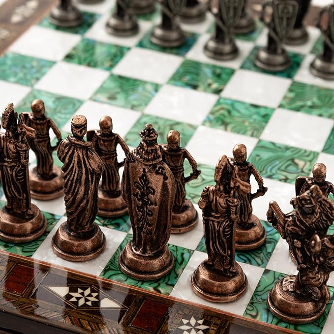 15'' Wooden Chess Set with Metal Chess Pieces – Handmade Storage Chess Board &amp British Metal Pieces – Elegant Chess Gift for All Ages – Gift for Him (Green)