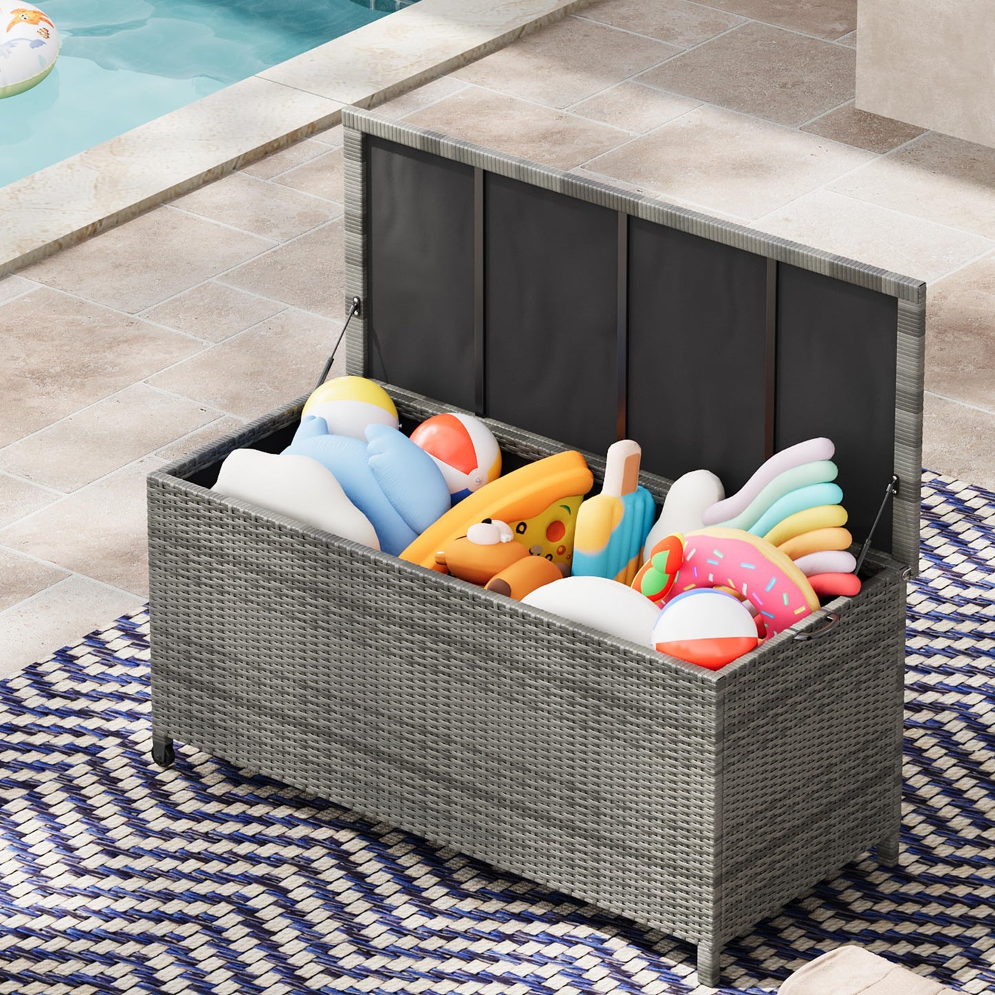 125 Gallon Outdoor Deck Box with Wheels, Waterproof PE Wicker Rattan & Aluminum Frame Storage Bin for Patio Cushions, Garden Tools, Pool Toys, Lockable Patio Furniture(Gray)