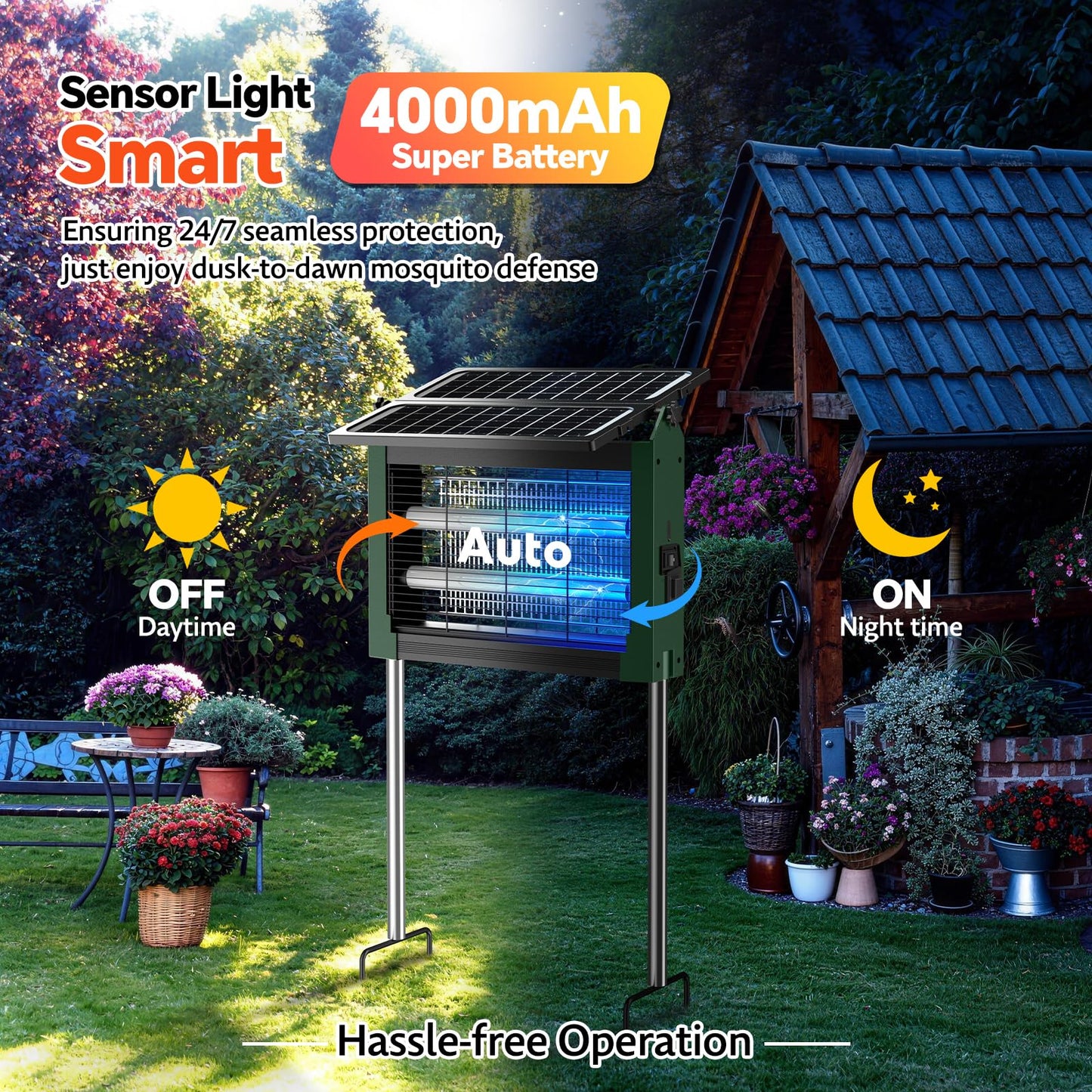 Solar Bug Zapper Outdoor, Dual Solar Panels, 4500V Waterproof Portable Mosquito Zappers, Cordless Fly Trap w/Auto Mode, Rechargeable Mosquitoes Insect Killer for Patio Yard Camping Garage(Green)