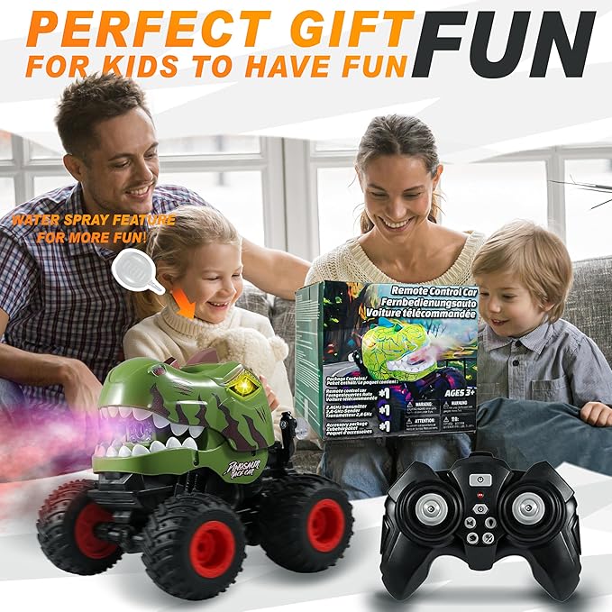 BEZGAR Monster Truck Toys - Remote Control Monster Truck with Spray Light Music Dinosaur Toys for Kids 1:20 Scale RC Truck with 360° Spins and Drifting Remote Control Car for Boys 4-7 Camo Green