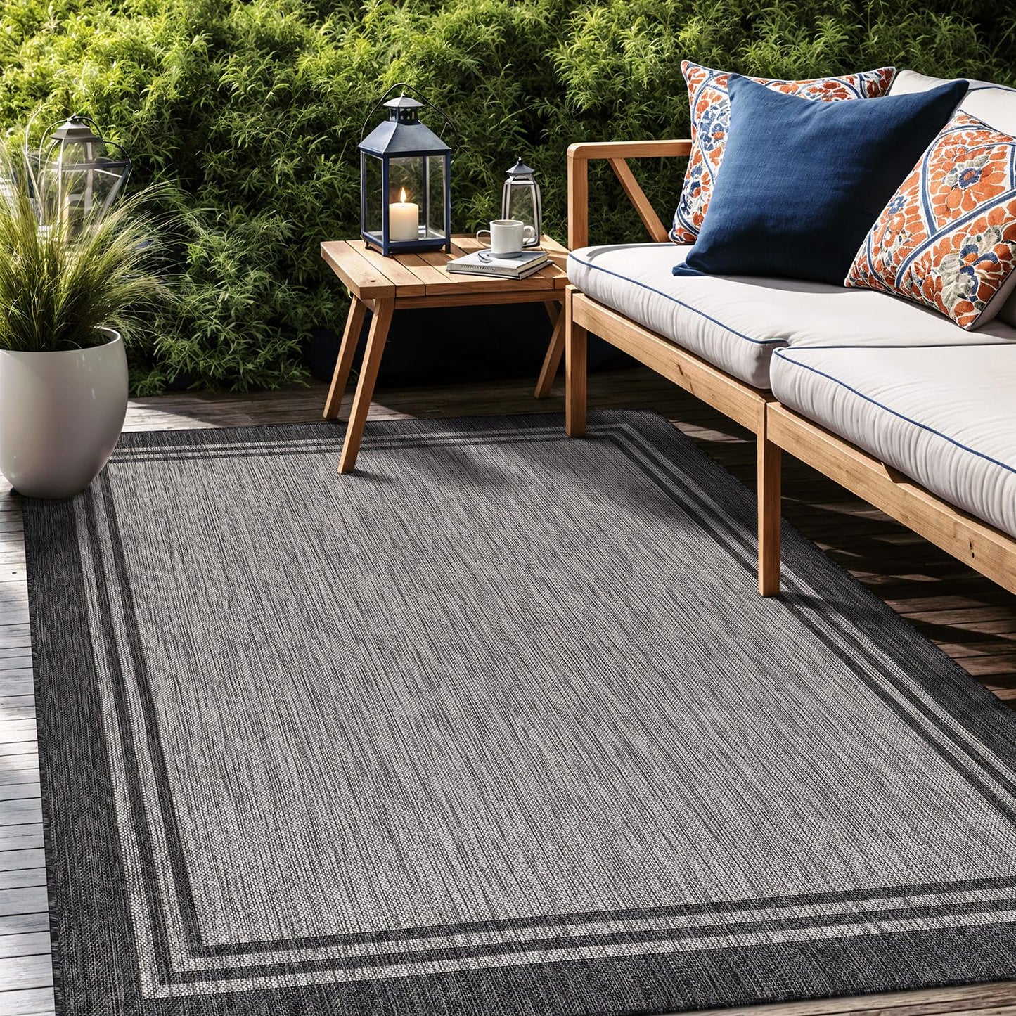 Luul Home Bordered Outdoor Rug 10x14 Washable Outside Carpet for Indoor Patio Porch Waterproof Easy Cleaning Non Shedding Area Rugs Dark Gray 10 x 14