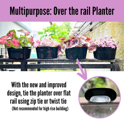 LaLaGreen Outdoor Rail Planter (11.8 Inch, 4 Pack) Black Metal Iron Hanging Flower Pots Deck Railings Fence Buckets Modern Countryside Boho Style Wall Mount Window Box Plant Holder Hooks Porch Decor