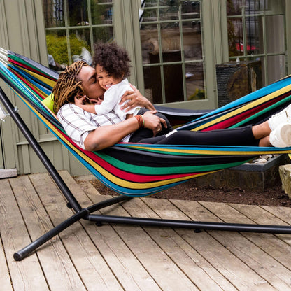 Vivere Double Cotton Hammock with Space Saving Steel Stand, Upgraded Polyester End Strings 450 lb Capacity - Premium Carry Bag Included - USA Grown Cotton (Rio Night)