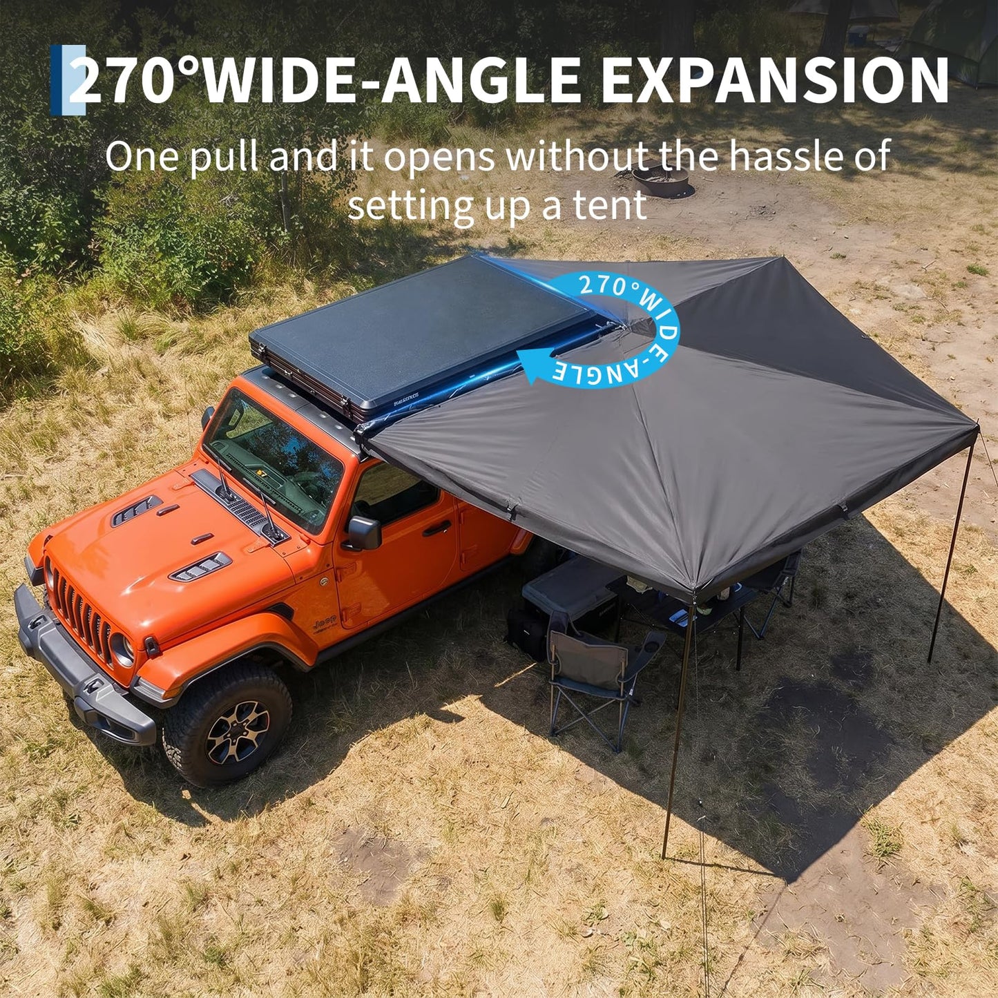 Garvee 270 Degree Driver Side Car Awning, 6.6ft Pull-Out Vehicle Awning with Blackout Coating, 280G Ripstop Waterproof Sun Shelter for SUV Truck Van Camping, Black