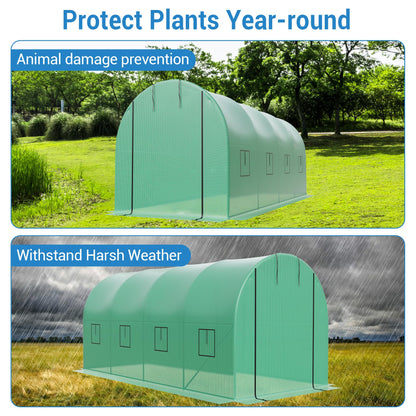 Heavy Duty Walk-in Greenhouse for Outdoor Gardening, Plant Growth with Galvanized Steel Frame, Green PE Cover, Roll-Up Door & 8 Vent Windows for Year-Round Gardening