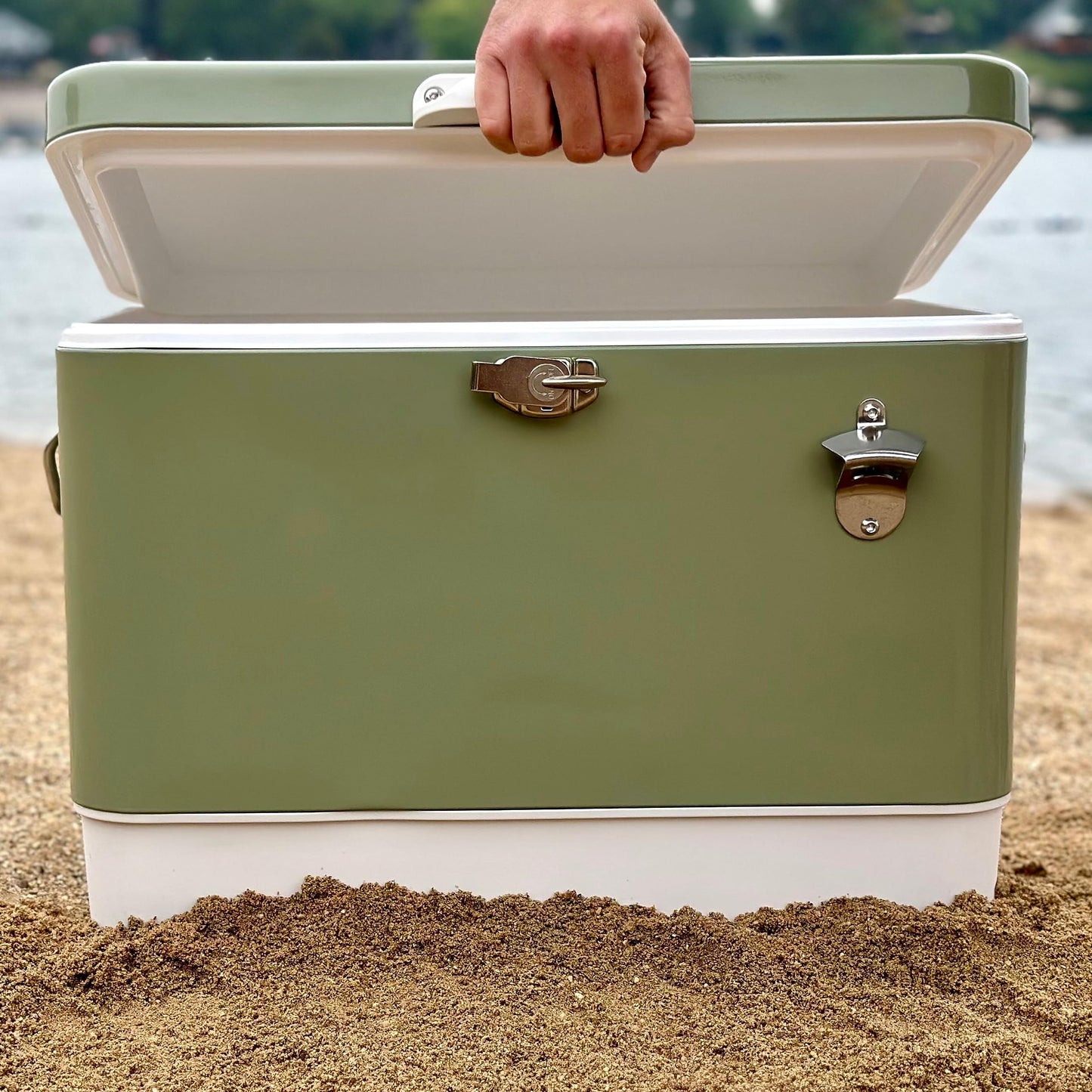 FSE Hard-Sided 54 Qt Metal Cooler, 80 Can Vintage Ice Chest, Durable Two-Tone Design with Latch Lid, Built-in Bottle Opener, Plastic Liner & Side Handles, Green/Cream