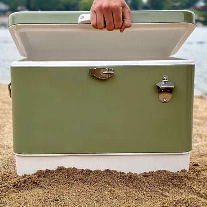 FSE Hard-Sided 54 Qt Metal Cooler, 80 Can Vintage Ice Chest, Durable Two-Tone Design with Latch Lid, Built-in Bottle Opener, Plastic Liner & Side Handles, Green/Cream