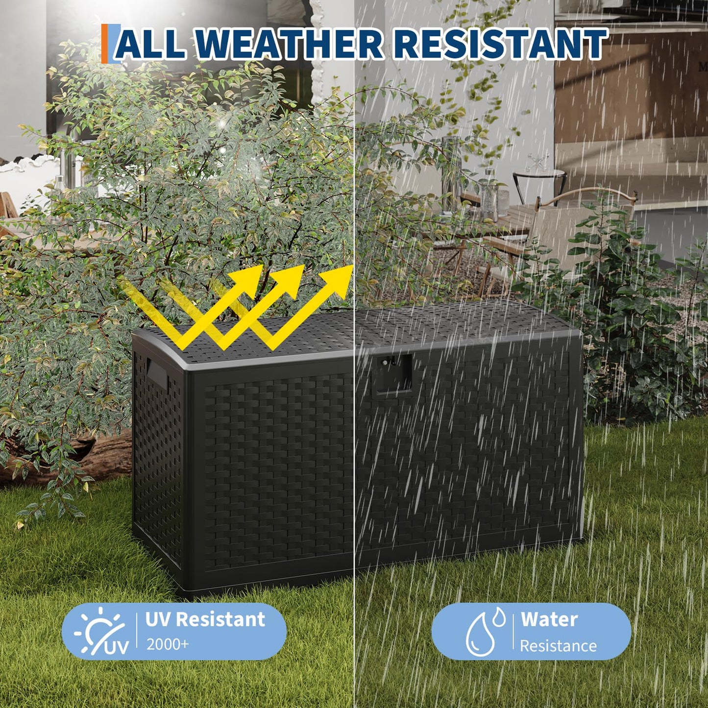 73-150 Gallon Large Outdoor Storage Box - Waterproof Resin Deck Box with Lockable Lid & Gas Struts, All-Weather Patio Storage Bench for Cushions, Pool Toys, Garden Tools, Rattan Texture (Brown/Black)