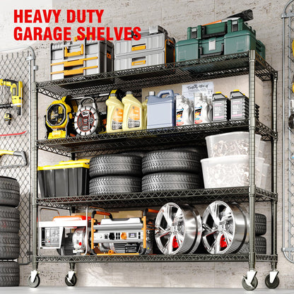 Garvee Metal Shelving 4-Tiers with Wheels, 2640LBS Heavy Duty Storage Shelves for Garage Kitchen, Rolling Shelving Units Wire Rack with Feet, 59" Wx71.8 Hx17.7 D,Adjustable & Easy Assemble, Black
