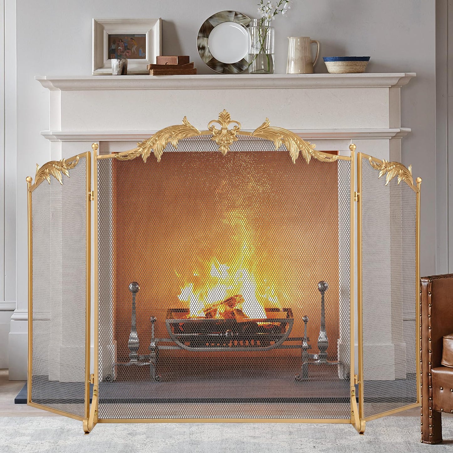 WICHEMI Fireplace Screen 3 Panel Folding Fireplace Screens 50.4 x 32.3 Inch Metal Furnace Fireguards Mesh Cover Baby Safe Proof Fence Spark Guard Cover Wrought Iron Fire Place Standing Gate (Golden)