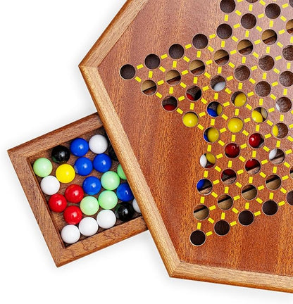 Wooden Chinese Checkers Game Set with Storage Drawer 12.6 inches - Includes 60 Colorful Acrylic Chess Pieces (6 Colors) - Classic Strategy Board Game
