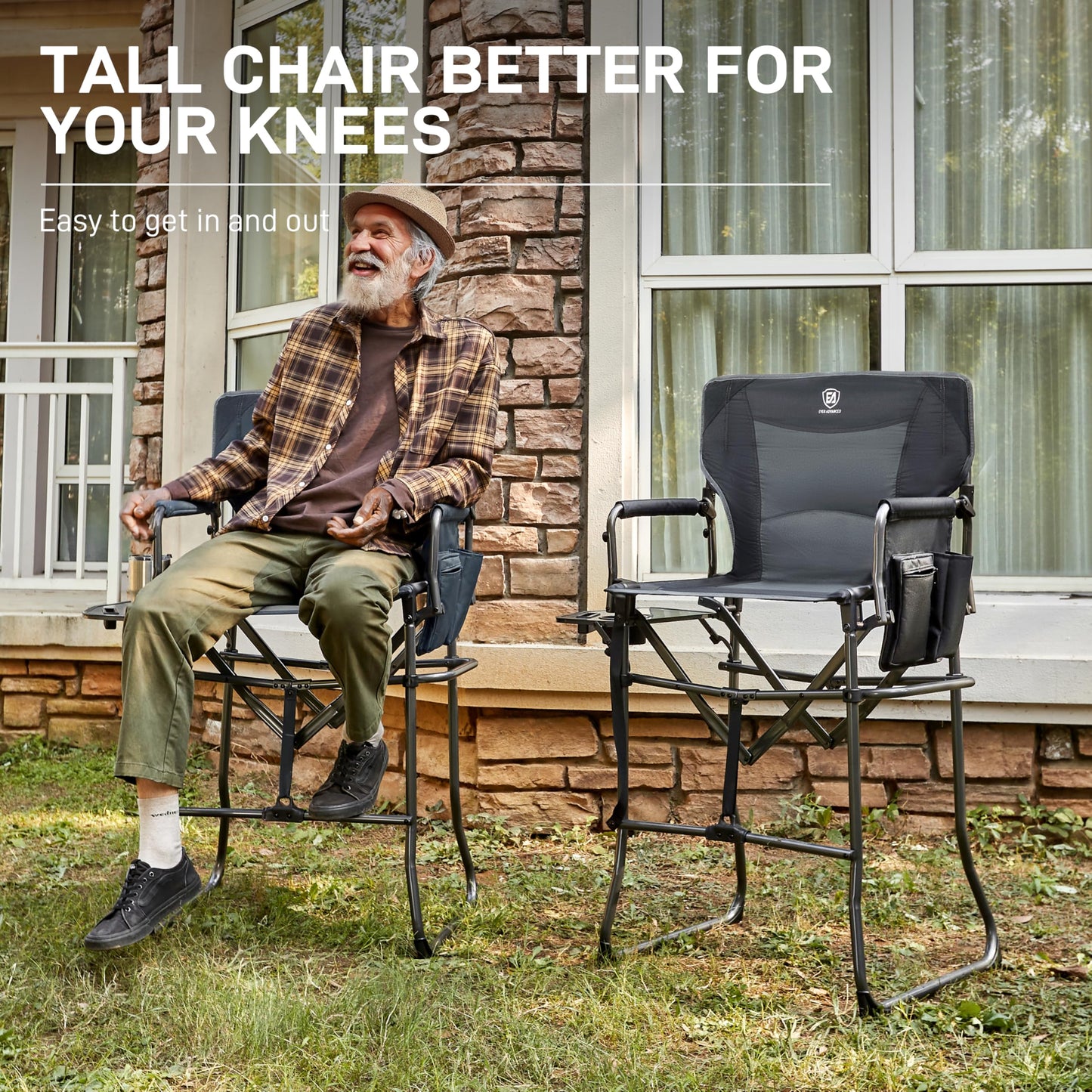 EVER ADVANCED Portable 30.7" Seat Height Tall Folding Camping Chair Directors Chair High Foldable Bar Stool with Side Table for Makeup Artist, Sports Event, Craft Show, Supports 350LBS
