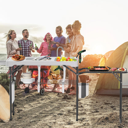 Dragosum Fish Cleaning Table, Portable Folding Camping Table with Folding Grill Extension Board, Fish Cleaning Station with Dual Sinks, Hose Hook Up