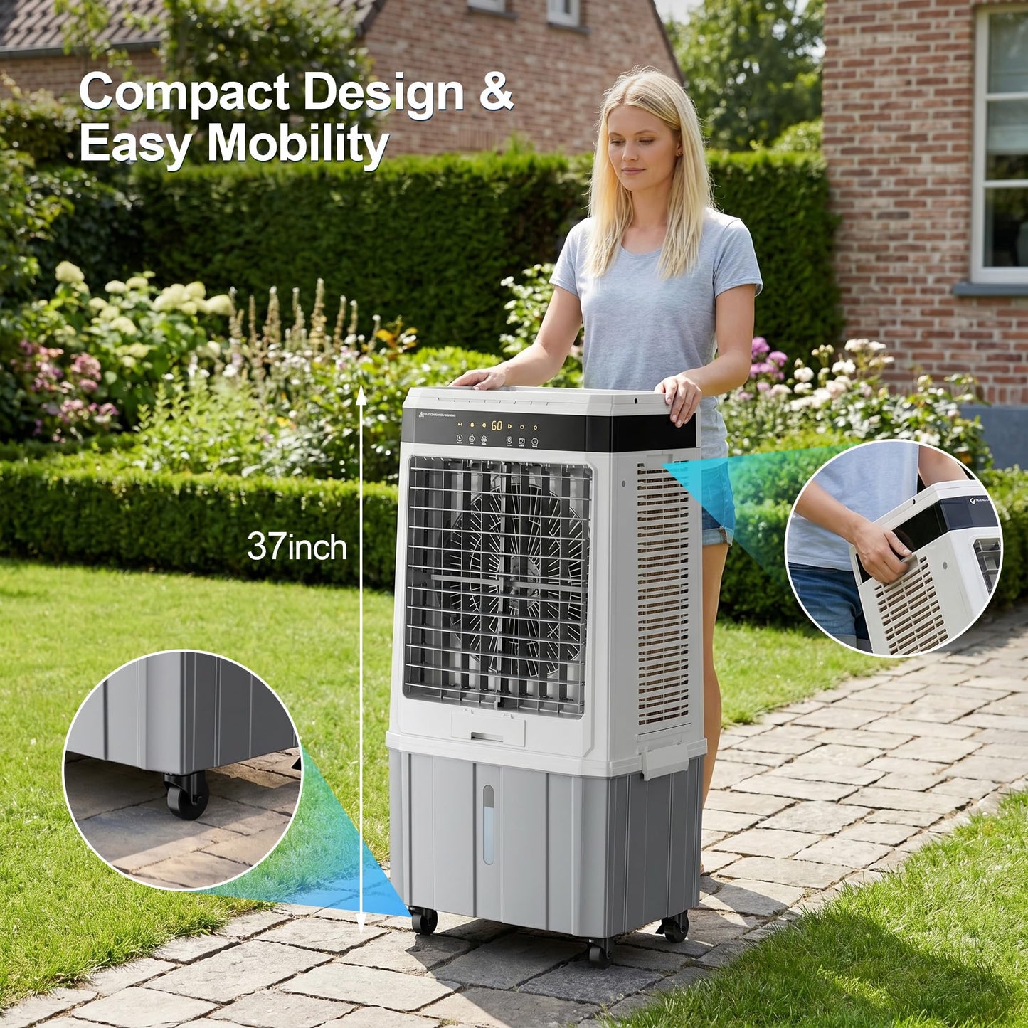 Uthfy 2800 CFM Portable Swamp Cooler, Evaporative Air Cooler for Room with 9.5 Gal Detachable Water Tank, 120 Oscillating Outdoor Cooling Fan, Remote, 12H Timer, 4 Ice Packs for Indoor, Garage, Patio
