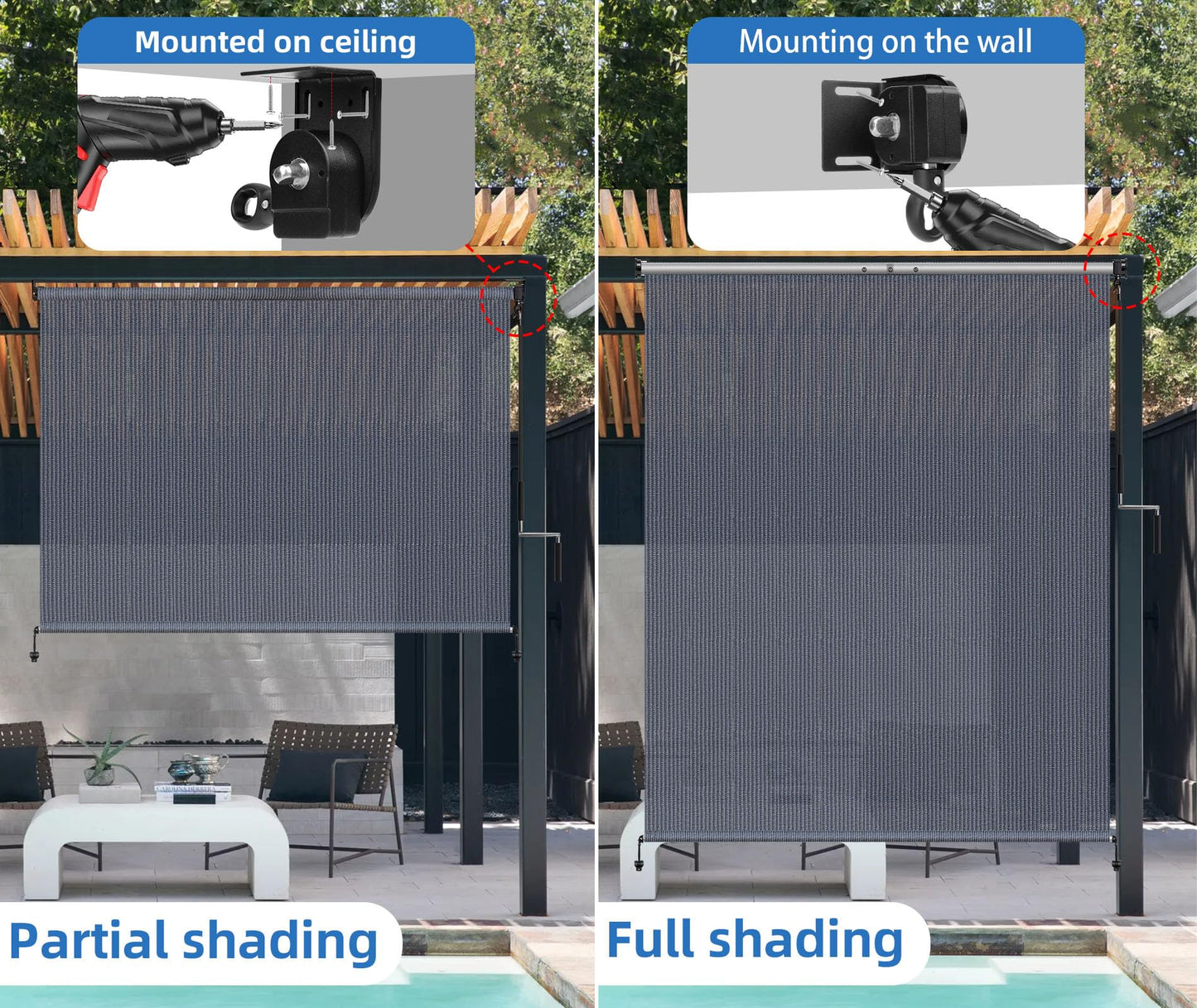 Patio Shades Roll Up Outdoor Roller Shade,Exterior Cordless Roll Up Outdoor Blinds for Patio, Gazebo Pergola Backyard Deck Porch Blinds Privacy Screen Protection UV Sun Blocking 10ft Wide x 8 H