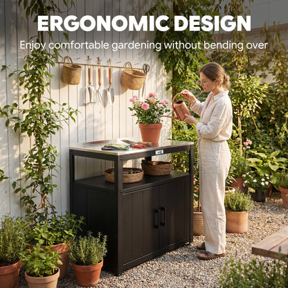 Feasto Outdoor Potting Bench with Storage Cabinet, Garden Work Bench & Potting Table, Stainless Steel Tabletop Potting Station for Patio Lawn Greenhouse Gardening