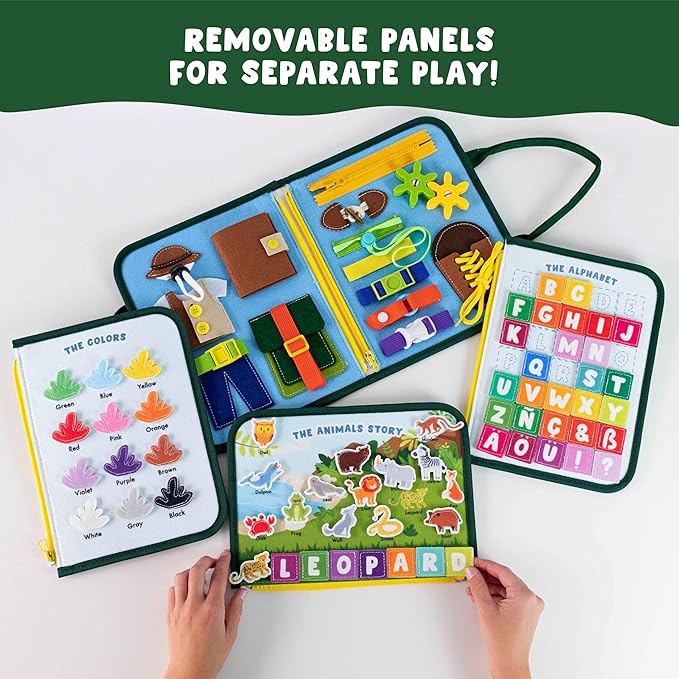 BONNYCO Busy Board for 1 Year Old Animals. Montessori Busy Book for Toddlers 1-3 2-4 Felt Quiet Book Baby. Montessori Toys Toddler Learning Toys for Travel Airplane Car. Educational Activity Board