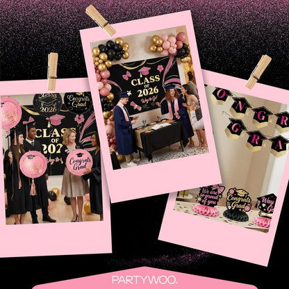 PartyWoo Graduation Decorations Class of 2026 Black Pink Gold 40pcs Grad Party Supplies with Congrats Grad Black Backdrop Banner Hanging Swirls Foil Latex Balloons Graduation Cap Centerpieces Party