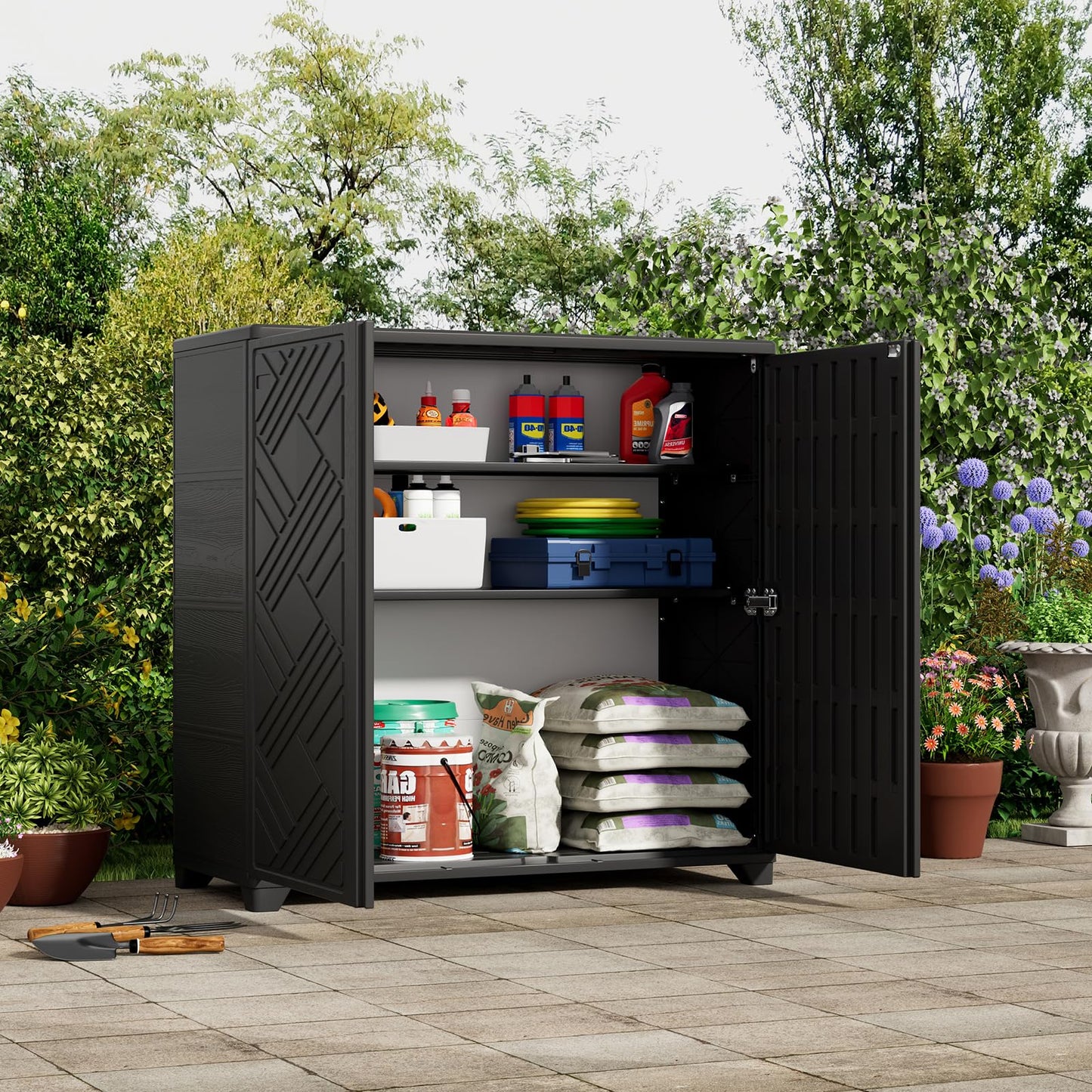 ZZM Indoor/Outdoor Storage Cabinet Waterproof, 34"x15"x34" Plastic Outdoor Storage Box for Garden Balcony Bathroom, All Weather Outdoor Storage Clearance, DIY Usage, with 1 Shelf (Black)