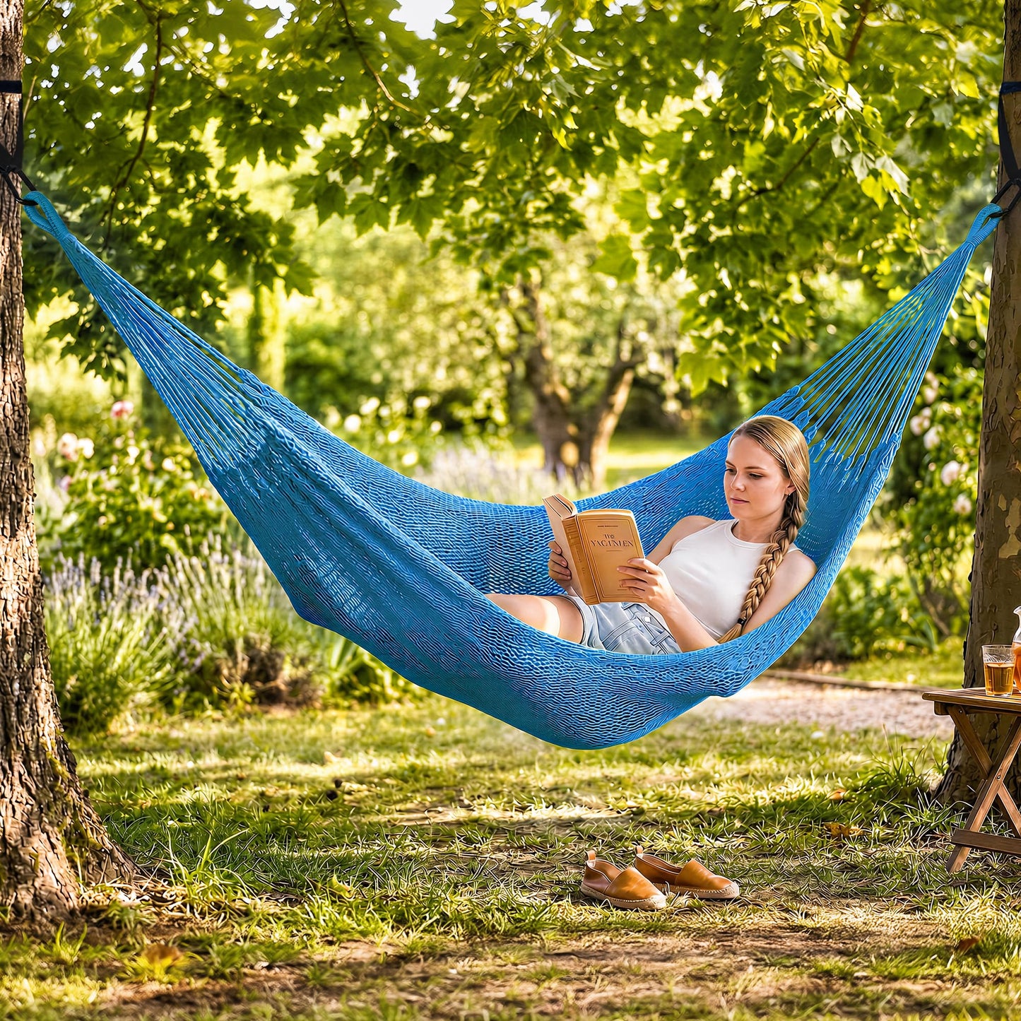 SUNCREAT Hammocks Double Rope Hammock, Outdoor Hanging Tree Hammock, Blue