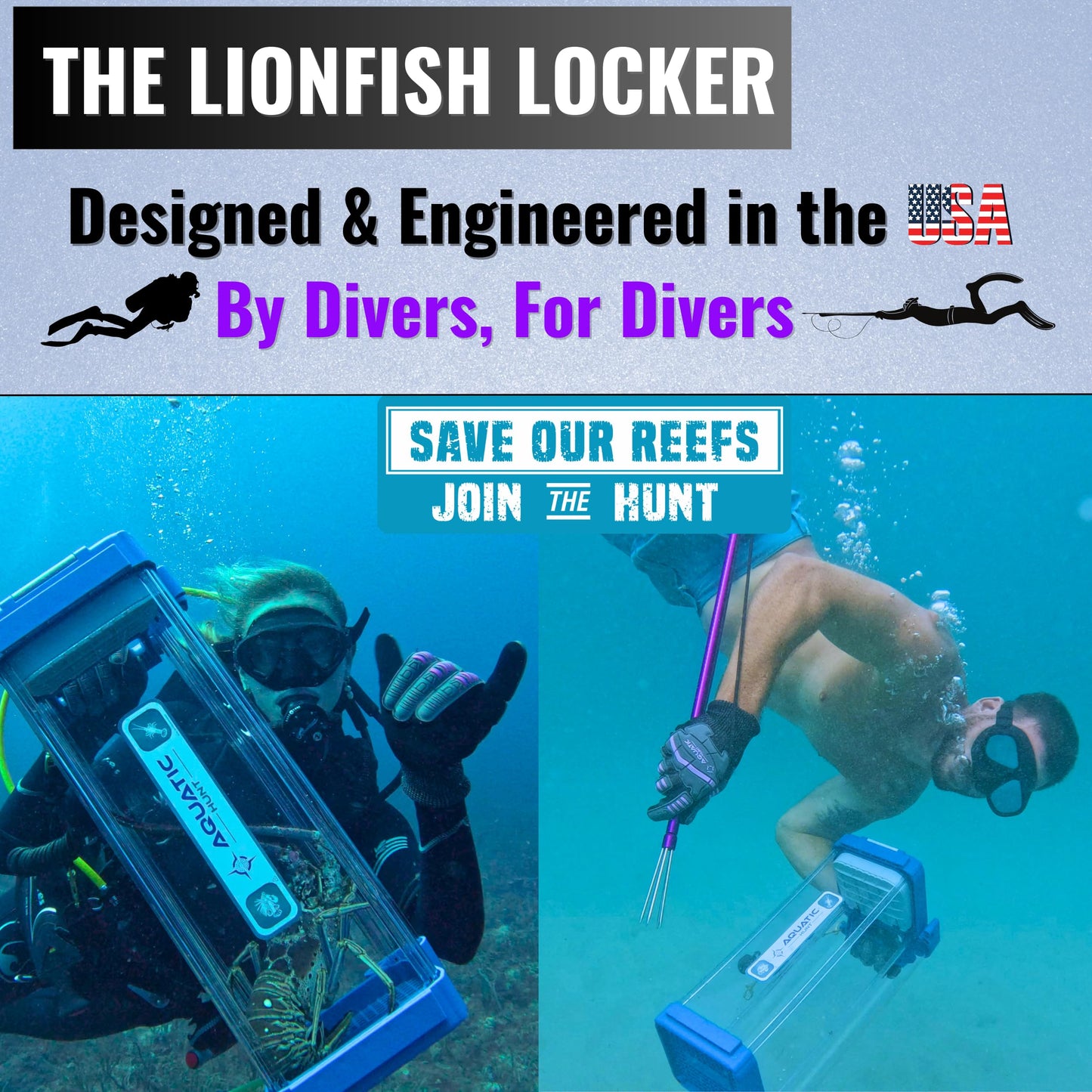 Aquatic Hunt Lionfish Locker High-Capacity Lionfish Containment Unit for Divers | Fast Drainage, Spear/Snare Storage, Durable & Versatile for Lionfish Hunting & Lobster Collection (Blue Water), 22''