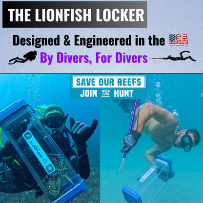 Aquatic Hunt Lionfish Locker High-Capacity Lionfish Containment Unit for Divers | Fast Drainage, Spear/Snare Storage, Durable & Versatile for Lionfish Hunting & Lobster Collection (Blue Water), 22''