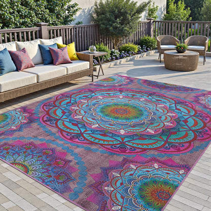 Arenarug Meditation Indoor Outdoor Rug 8x10 ft Mandala Pattern Rug Boho Style,Yoga Meditation Mat Picnic Rug for Patio Living Room Porch Garden Deck Backyard Easy to Clean Non Shedding Non-Slip