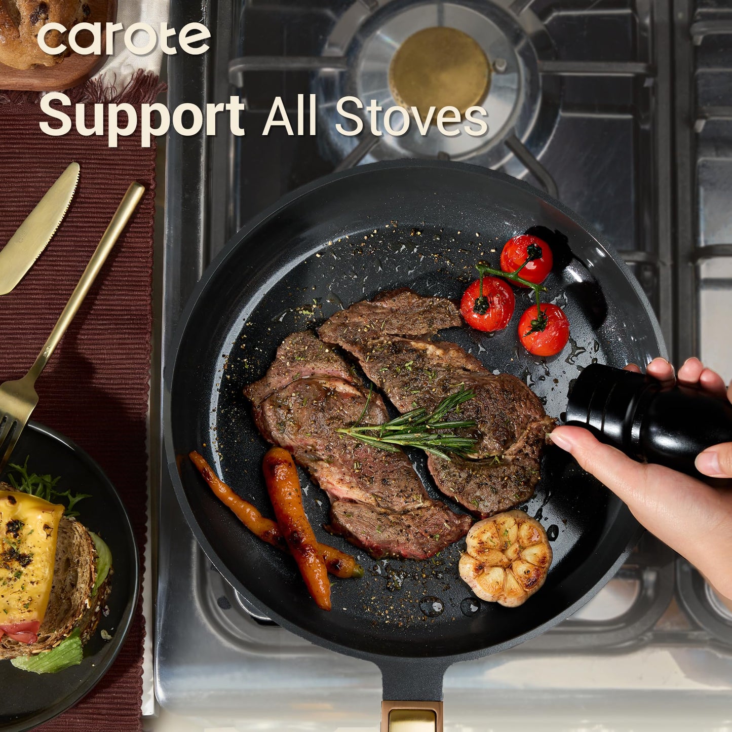 CAROTE Ceramic Cookware Set Nonstick, 16pcs Pots and Pans Set Nonstick, Non-Toxic & PFAS-Free, Dishwasher, RV/Camping Cookware Set, Cooking Pots with Lids, Charcoal Black