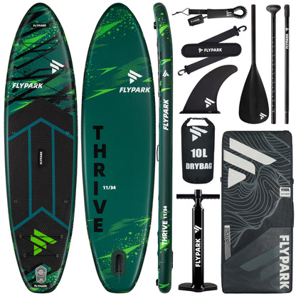 Flypark 11'x34 Inflatable Paddle Boards, Extra Wide SUP for 420lbs/3Adults, Yoga Stand Up Paddle Board, 110L Backpack, 15 D-Rings, Shoulder Strap, US-Fin, 2-Action Pump, Thrive-Green