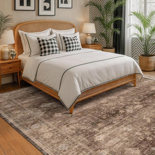 Hazo Haus Boho Taupe Living Room Rug - Vintage Traditional 7x10 Washable Non-Slip Area Rug for Dining & Bedroom