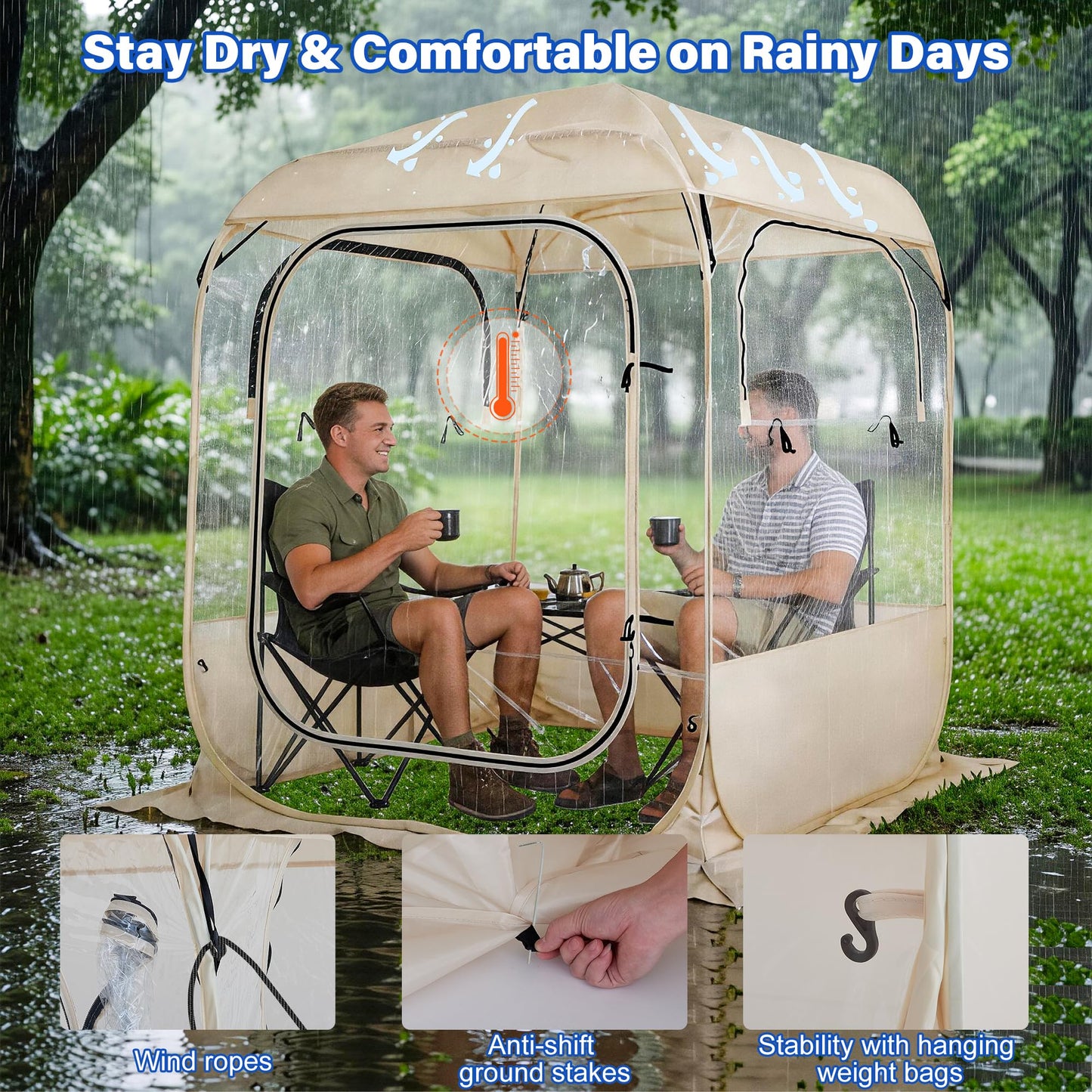 DIAMONDFORGE Pop Up Sports Tent 5x5 FT, Portable Waterproof Clear Tent with Removable Top Cover for 2-3 Person, Instant Setup, Spacious BubbleTent for Outside, Patio and Outdoor Activities, Beige